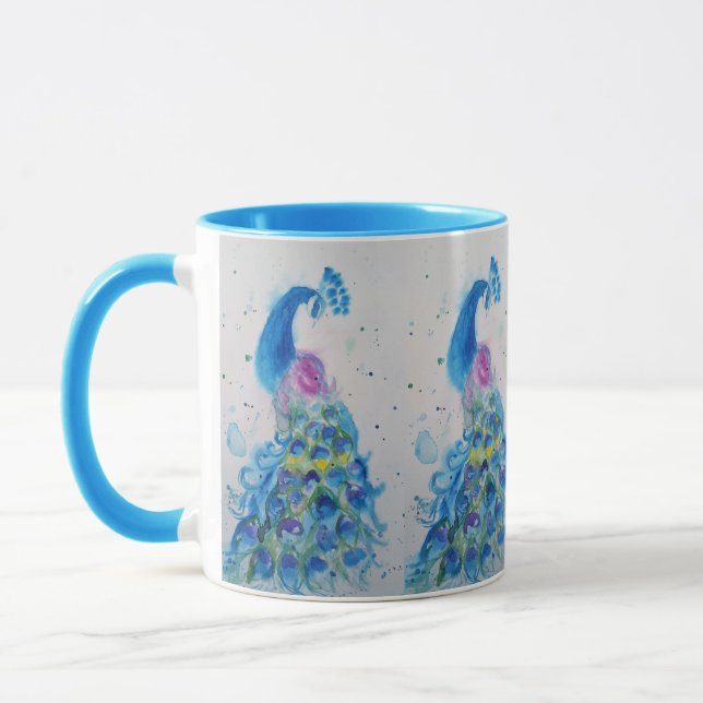Elegant Blue Peacock bird Watercolour Mug Blue (Left)