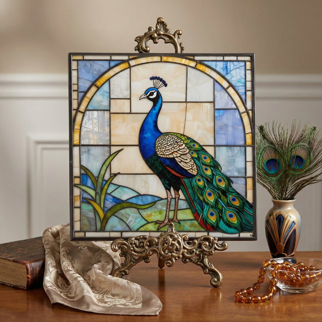 Elegant Blue Peacock Faux Stained Glass Mosaic Art Tile (Creator Uploaded)