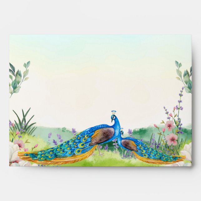 Elegant Blue Peacock Floral Botanical Wedding Envelope (Front)