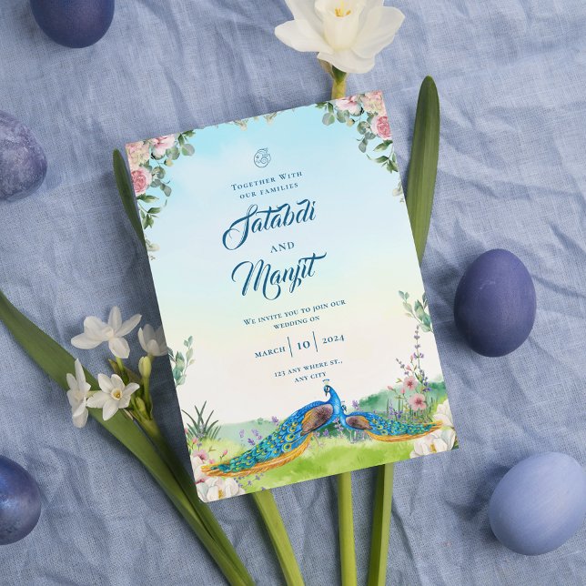 Elegant Blue Peacock Floral Wedding Theme  Invitation (Creator Uploaded)