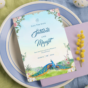 Elegant Blue Peacock Floral Wedding Theme Save The Date