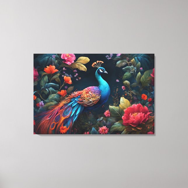 Elegant Blue Peacock in Colourful Garden Canvas Print (Front)