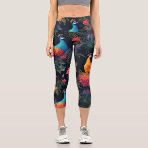 Elegant Blue Peacock in Colourful Garden Capri Leggings
