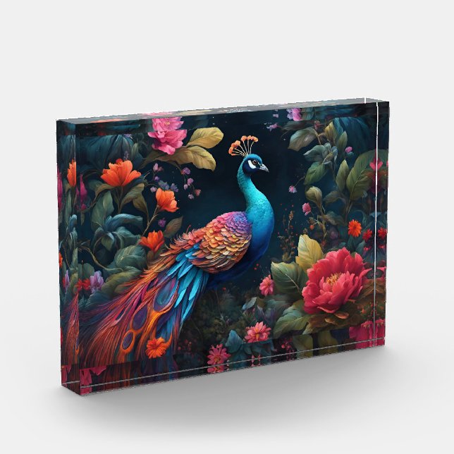 Elegant Blue Peacock in Colourful Garden Photo Block (Left)