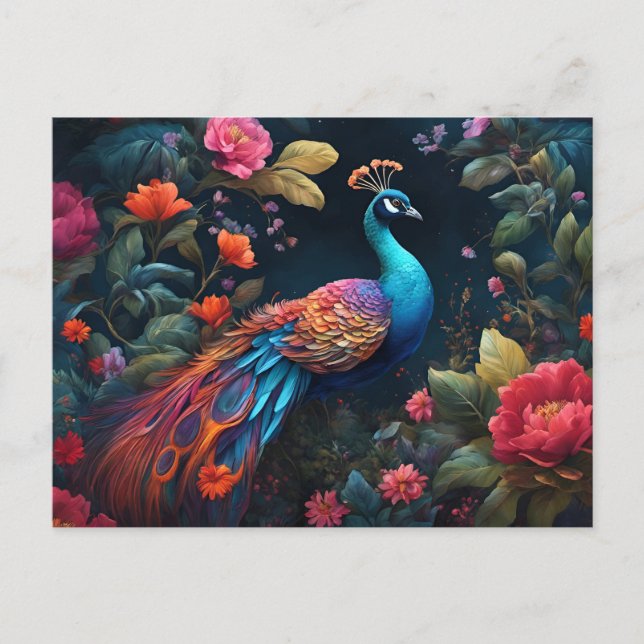 Elegant Blue Peacock in Colourful Garden Postcard (Front)