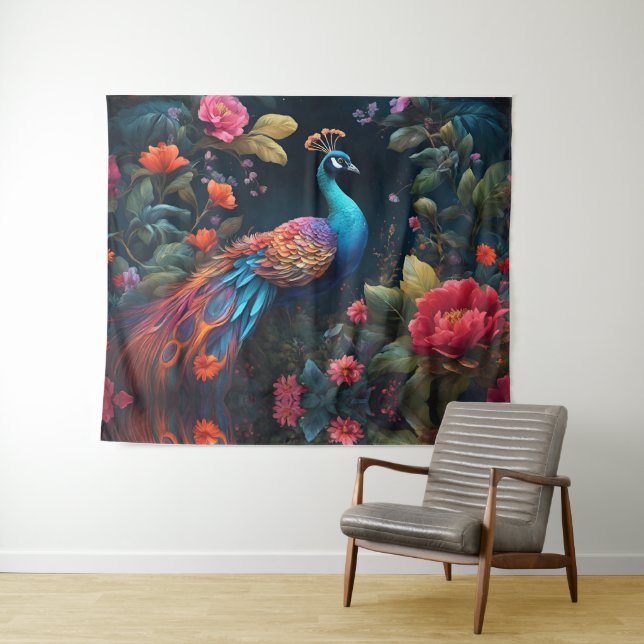 Elegant Blue Peacock in Colourful Garden Tapestry (In Situ (Horizontal))