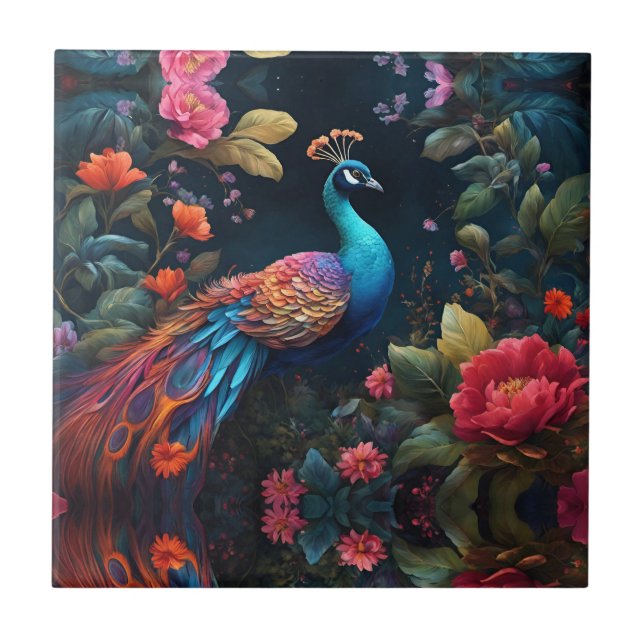 Elegant Blue Peacock in Colourful Garden Tile (Front)