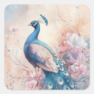 Elegant Blue Peacock Perched on Floral Branch Square Sticker