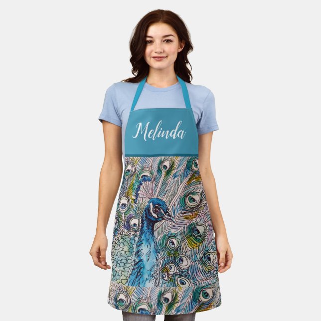 Elegant Blue Peacock Watercolor Art Womans Apron (Worn)