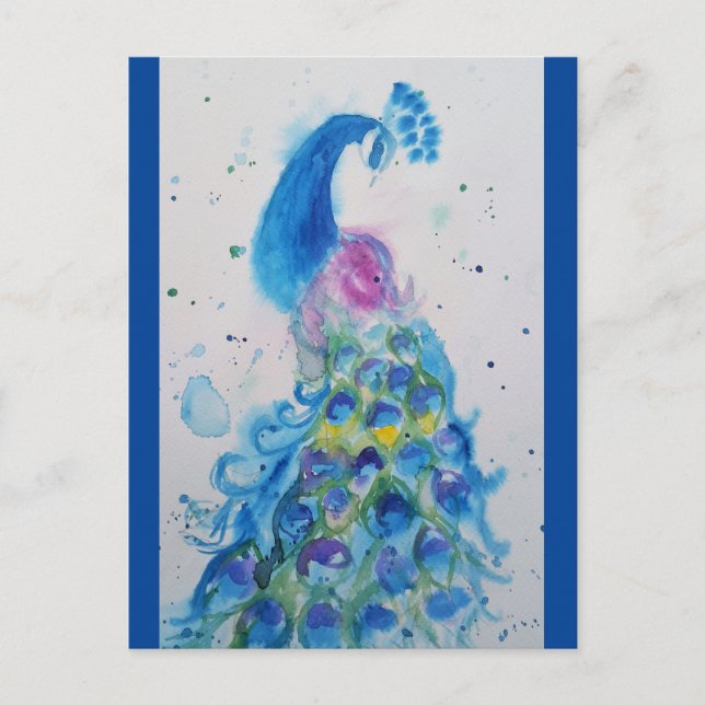 Elegant Blue Peacock Watercolour Painting Postcard (Front)