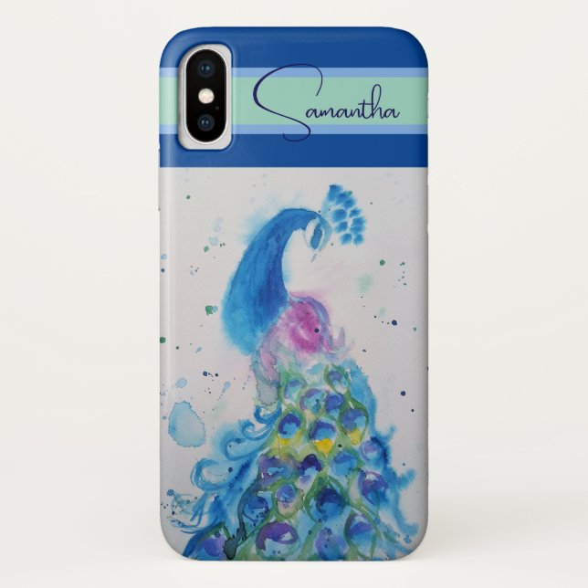 Elegant Blue Peacock Watercolour Thank You Case-Mate iPhone Case (Back)