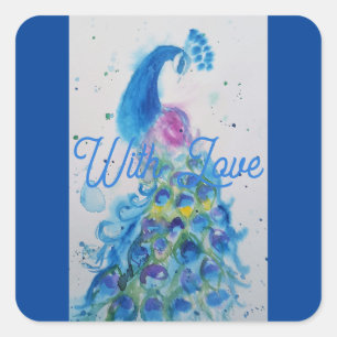 Elegant Blue Peacock Watercolour With Love Square Sticker