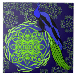 Elegant Blue Peacock with Green Mandala Tile