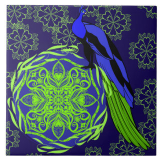 Elegant Blue Peacock with Green Mandala Tile