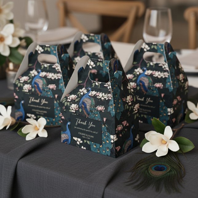 Elegant Blue Peacocks and Flowers Black Favour Box (Chic Floral Peacock Pattern Thank You Wedding Black Favor Boxes. Elegant Teal Peacock & Flowers)