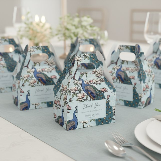Elegant Blue Peacocks and Flowers Blue Favour Box (Chic Floral Peacock Pattern Thank You Wedding Light Blue Favor Boxes. Elegant Teal Peacock & Flowers)