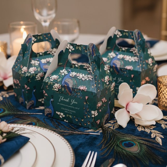 Elegant Blue Peacocks and Flowers Teal Green Favour Box (Chic Floral Peacock Pattern Thank You Wedding Dark Teal Favor Boxes. Elegant Teal Peacock & Flowers)
