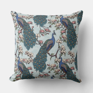 Elegant Blue Peacocks, Magnolia Flowers, Branches Cushion