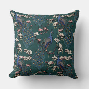 Elegant Blue Peacocks, Magnolia Flowers, Branches Cushion