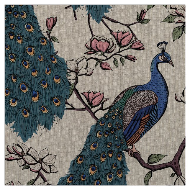 Elegant Blue Peacocks on Magnolia Tree Branches Fabric (Swatch)