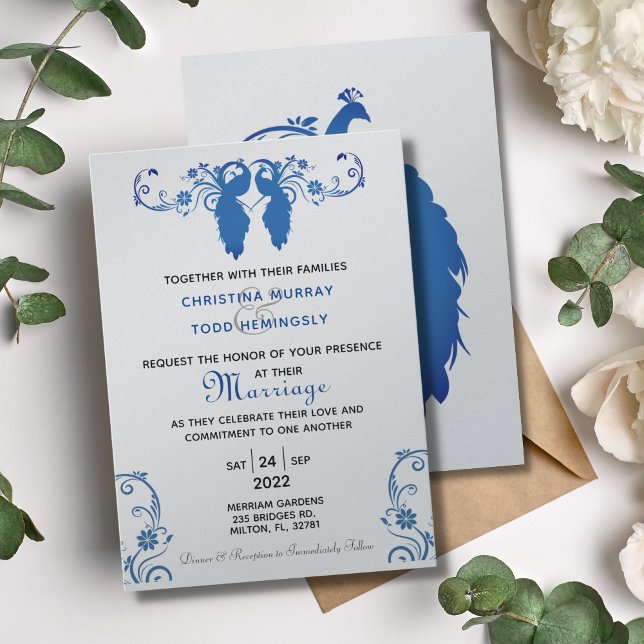 Elegant Blue Peakcock Wedding Invitation 5"x7" (Creator Uploaded)