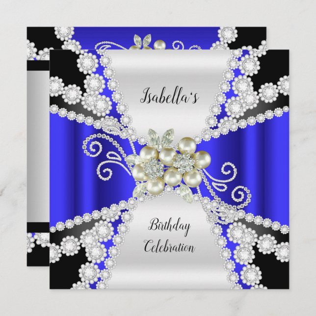 Elegant Blue Pearl Black White Diamond Birthday Invitation (Front/Back)