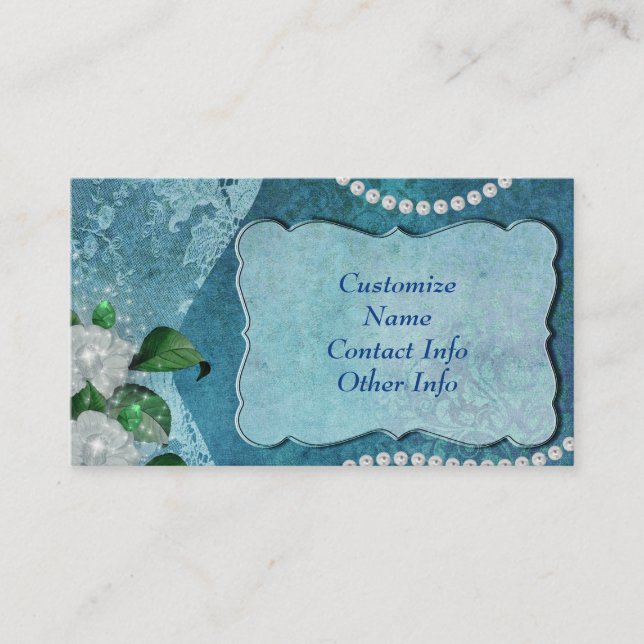 Elegant Blue Pearl & Lace Vintage Personalised Business Card (Front)