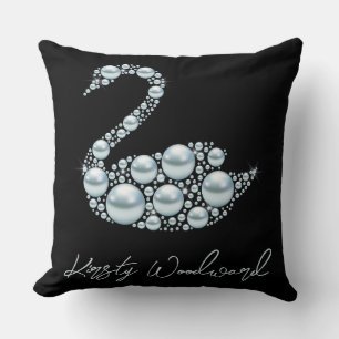 Elegant Blue Pearl Swan on Black Background Cushion
