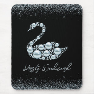 Elegant Blue Pearl Swan on Black Background Mouse Pad