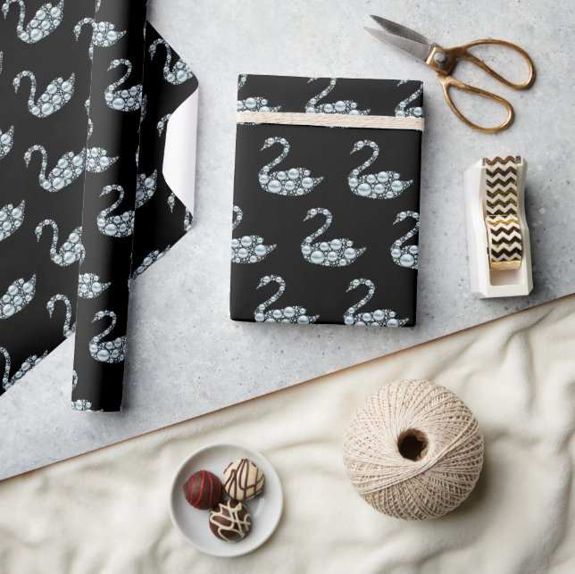 Elegant Blue Pearl Swan on Black Background Wrapping Paper (Crafts)