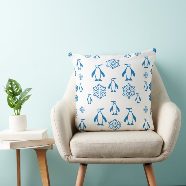 Elegant Blue Penguins With Snowflakes Pattern Cushion (Chair)
