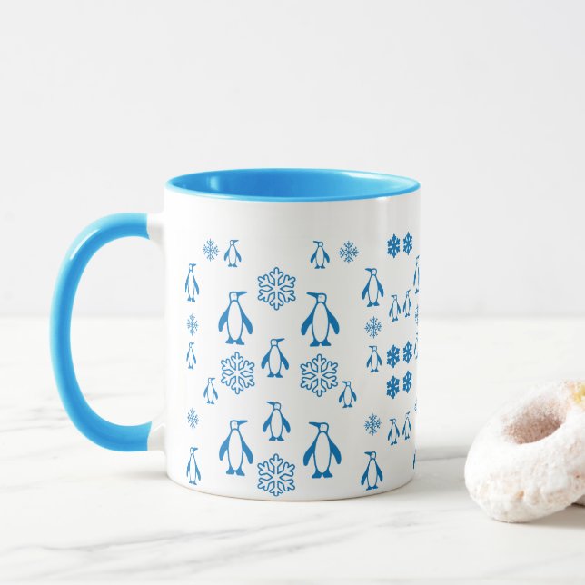 Elegant Blue Penguins With Snowflakes Pattern Mug (With Donut)