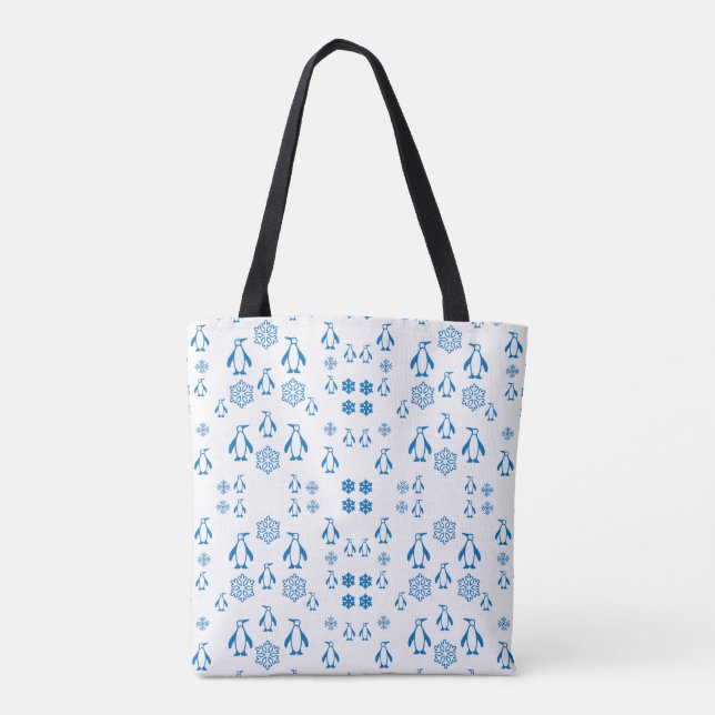 Elegant Blue Penguins With Snowflakes Pattern Tote Bag (Back)