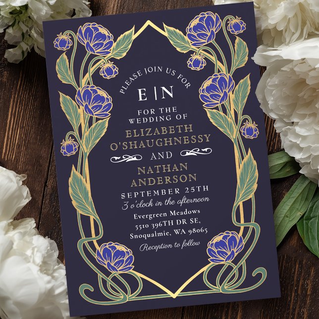 Elegant Blue Peony Art Nouveau Floral Wedding Invitation (Creator Uploaded)
