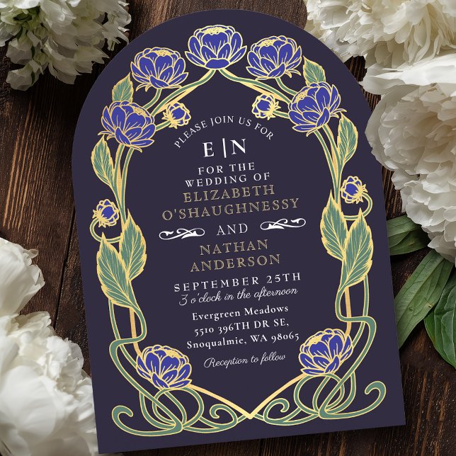 Elegant Blue Peony Art Nouveau Floral Wedding Invitation (Creator Uploaded)