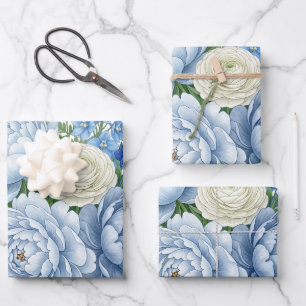 Elegant Blue Peony Floral Bouquet Watercolor Desig Wrapping Paper Sheet