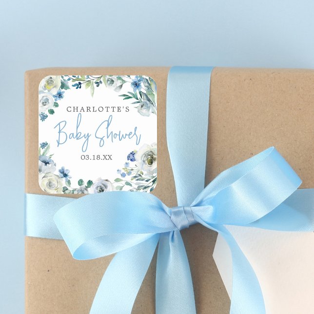 Elegant Blue Peony Floral Boy Baby Shower Square Sticker (Creator Uploaded)