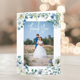 Elegant Blue Peony Floral Wedding Photo Folded Thank You Card