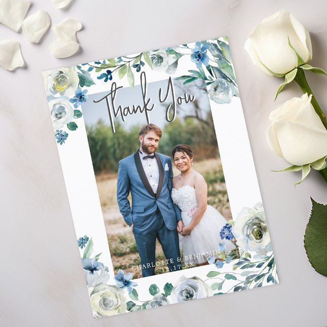 Elegant Blue Peony Floral Wedding Photo Thank You Postcard (Creator Uploaded)