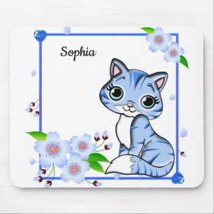 Elegant Blue Peony Flower And Blue Cute Cat Mouse Pad