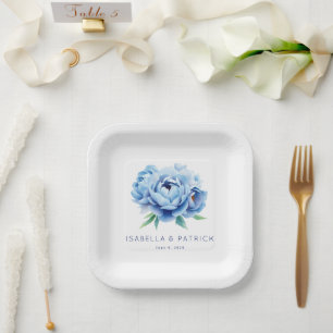 Elegant Blue Peony Wedding Announcement Paper Plate