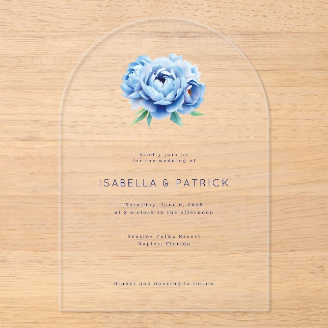 Elegant Blue Peony Wedding Invitation (Front)