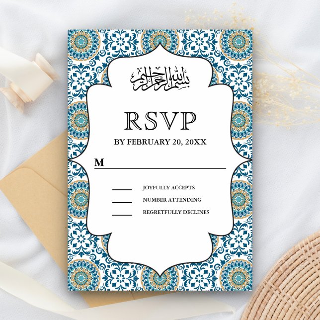 Elegant Blue Persian Mosaic Islamic Muslim Wedding RSVP Card (Creator Uploaded)