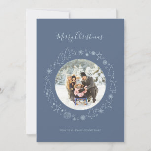 Elegant Blue Photo Handrawn Wreath Holiday Card