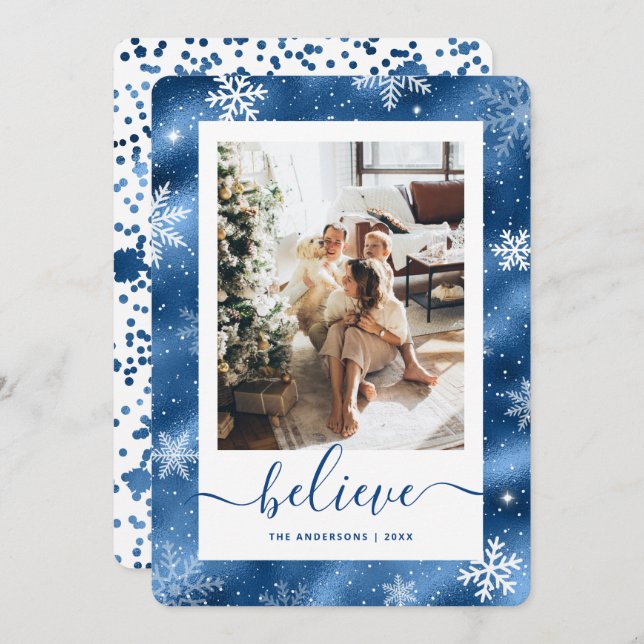 Elegant Blue Photo Snowflake Holiday Card (Front/Back)