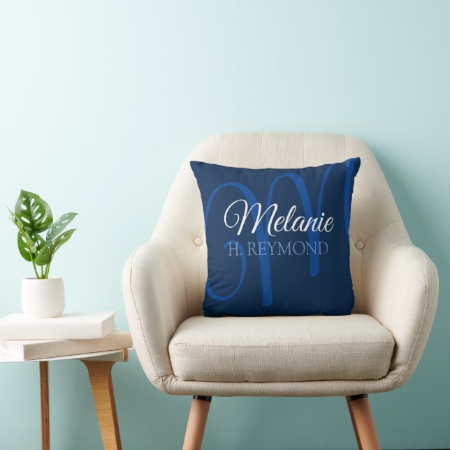 Elegant blue pillow with her name & initial (Chair)
