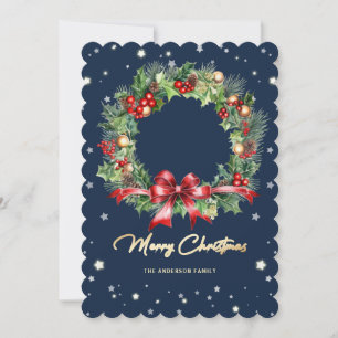 Elegant Blue Pine Wreath Photo Merry Christmas Holiday Card