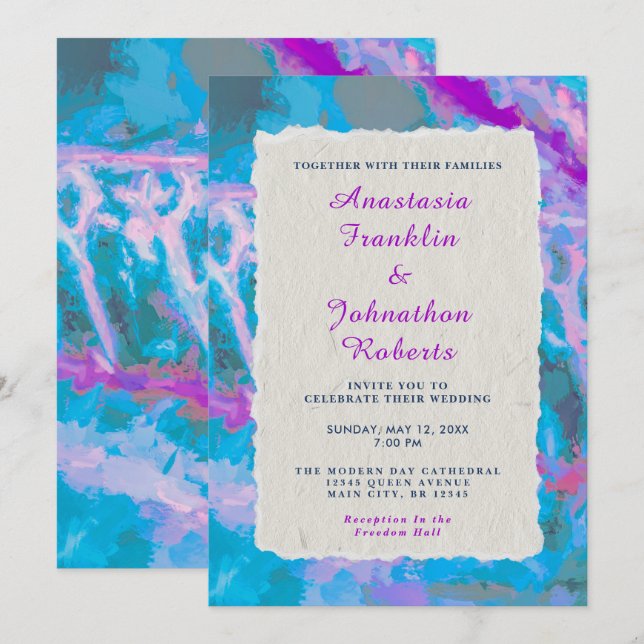 Elegant Blue Pink Abstract Watercolor Wedding Invitation (Front/Back)