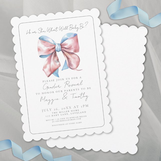 Elegant Blue Pink Bow Gender Reveal Invitation (Elegant Blue Pink Bow Gender Reveal Invitation)