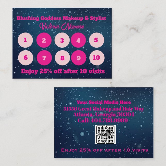 Elegant Blue & Pink Business QR Code Loyalty Card (Front/Back)